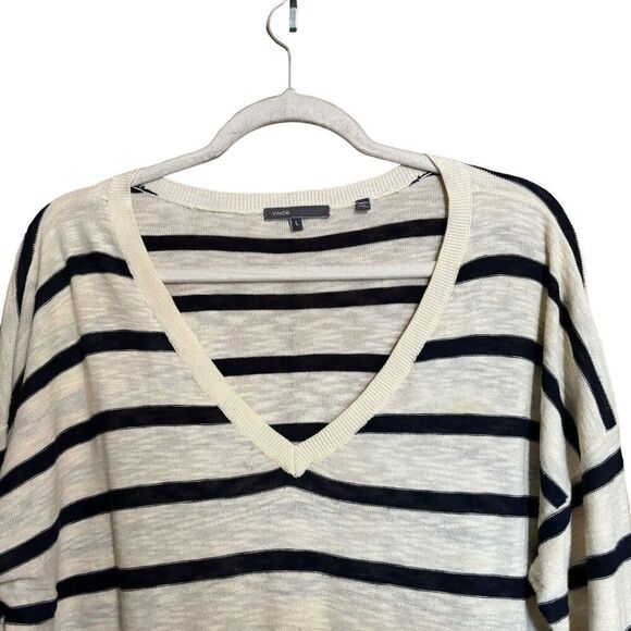 VINCE Sweater Womens Large White Black Stripe Scoop Neck Pullover Sweatshirt - Picture 2 of 8